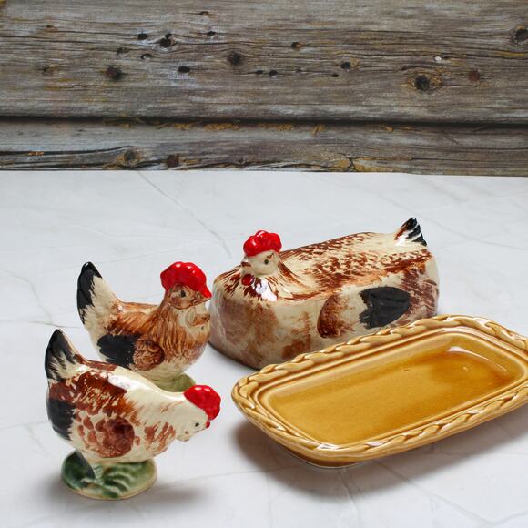 Rossini Other - Vintage Japan Rossini Rooster Covered Butter Dish with Salt & Pepper Shakers